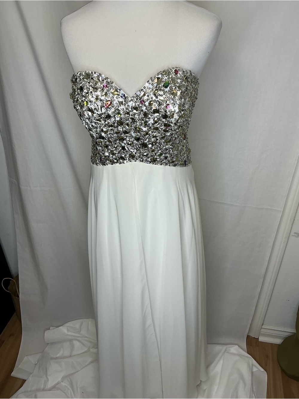 2158 - Strapless White Evening Gown with Silver Crystal Bodice - Picture 3 of 9